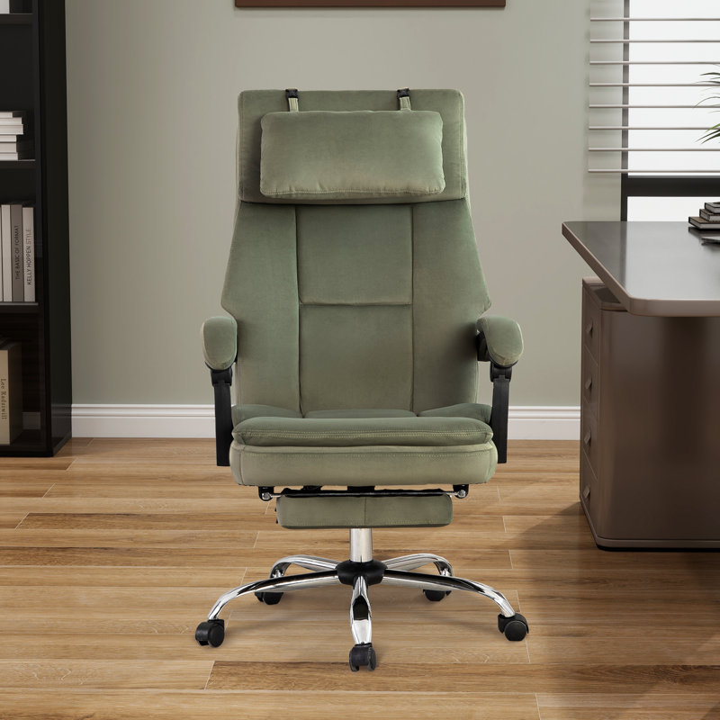 Velvet High Back Reclining Office Executive Chair With Footrest, Green