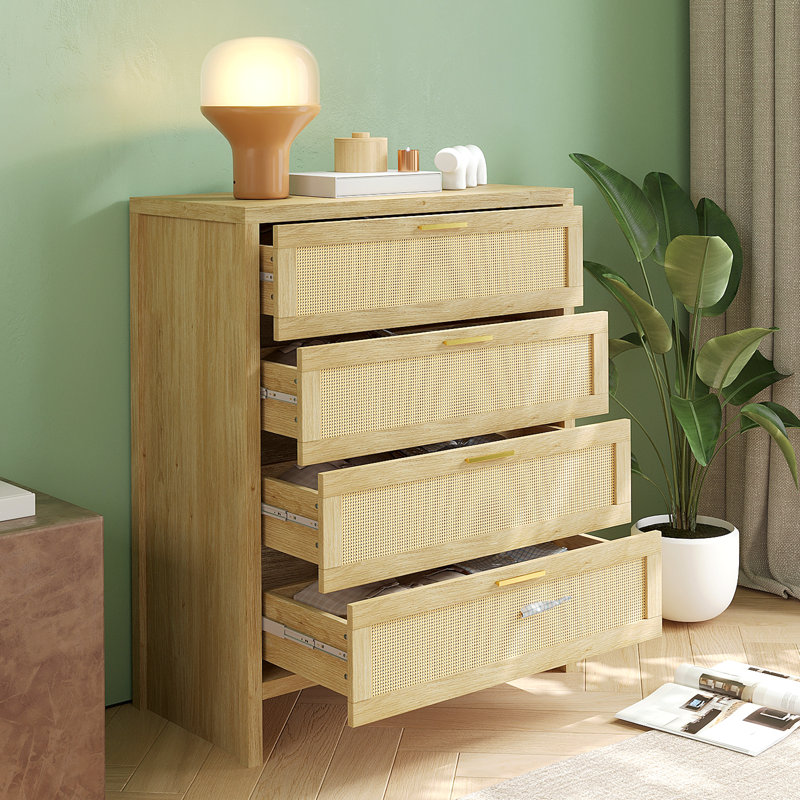 Commode à 4 tiroirs en rotin, commode à tiroirs en bois, pour chambre à coucher, vestibule, salles de séjour, bois naturel