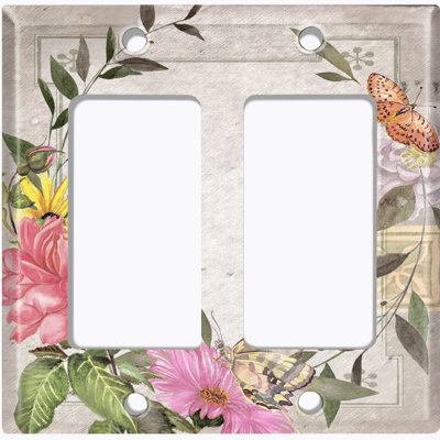 Pink Yellow Magnolia Flowers Butterfly Leaves Tan 2-Gang Rocker Wall Plate