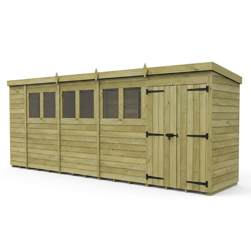 Total Sheds 19ft x 4ft Pent Garden Shed - Double Door - With Windows - Pressure Treated Timber - UK Manufactured