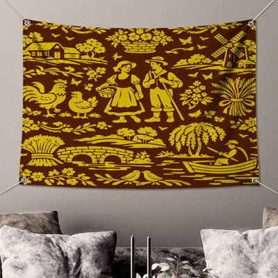Folk Art Village Scene Wall Tapestry - Farmhouse Wall Decor