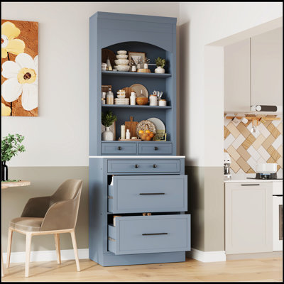 Modern Freestanding Tall Kitchen Pantry With Faux Marble Top And 5 Storage Drawers, Ideal For Space-Efficient Storage And Elegant Design