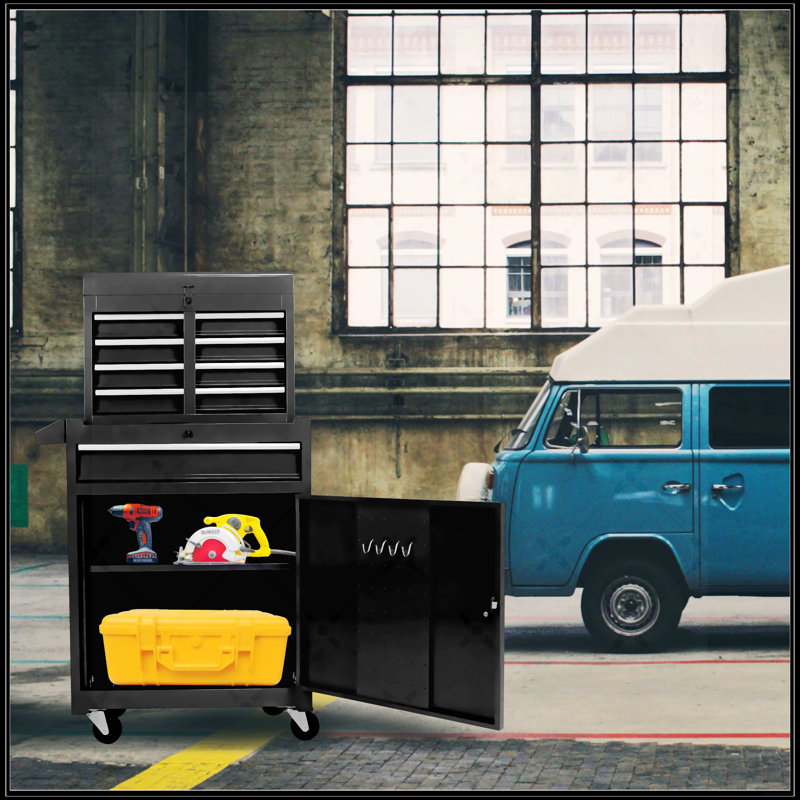 Commode à outils amovible 5 tiroirs avec armoire inférieure et une tablette réglable, Noir