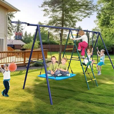 Multicolor Steel 6 In 1 Swing For Backyard - Featuring Climbing , Net, Glider, Swing, Belt Hoop, Adjustable Ropes And Stable A Frame Safe Engaging Outdoor Play Hoop Support, Simple Installation