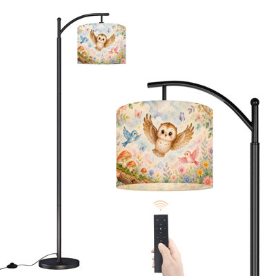  Lampe sur pied arc mignonne chouette oiseaux colorés fleurs champignons haute lampe sur pied moderne abat-jour réglable en lin 3 températures de couleur