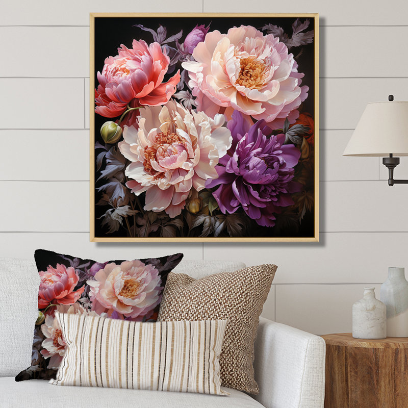 Art asiatique, pivoines en rose I sur toile, H 30 po x l 30 po x P 1 po, Cadre naturel flottant