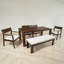 Ensemble de table de salle à manger 6 pièces avec banc, table de salle à manger longue avec trou pour parasol, bois massif, fauteuils rembourrés, style campagnard moderne, utilisation à l'extérieur-815110647
