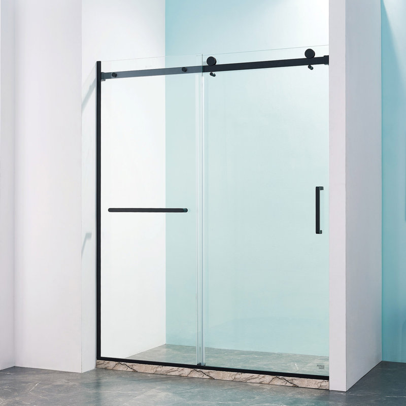 56-60"W X 75"H Semi-Frame Single Sliding Shower Door, 304 Stainless Steel In Matte Black, 5/16" (8Mm) Thick SGCC Tempered Clear Glass