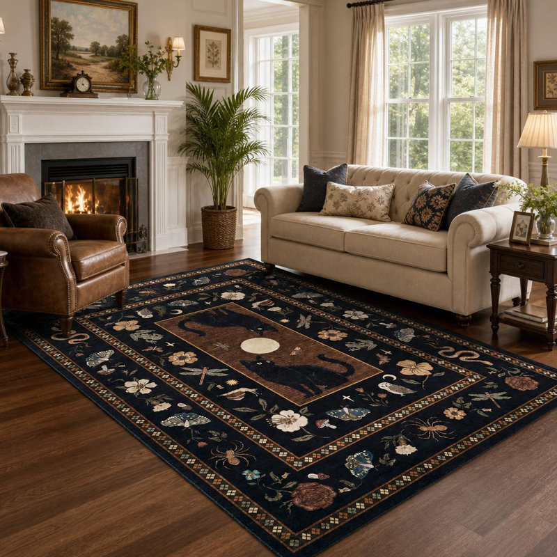 Tapis lavable 240 x 300 cm, motif chat et lune, style botanique, antidérapant, idéal pour salon, chambre, salle à manger ou bureau.