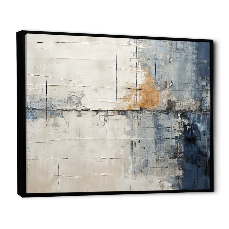 «Abstract Blue Beige Road Collage II», art mural abstrait, Cadre flottant noir, H 34 po x l 44 po x P 1,5 po