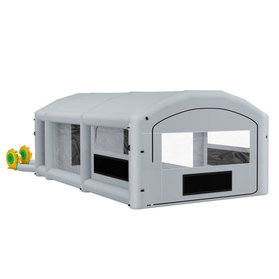 Cabine de peinture gonflable, 26 x 15 x 10 pi, tente de pulvérisation portative avec souffleurs de 750 W + 950 W, grands filtres, espace à langer, toit arqué pour camions moyens et grands meubles, gris