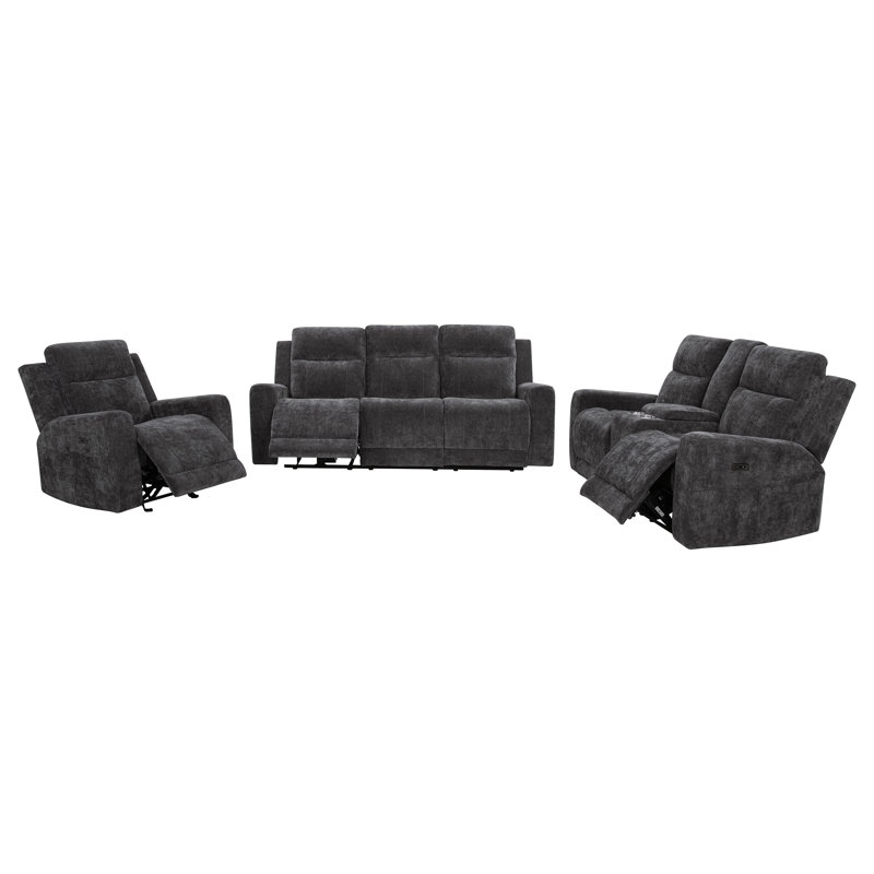 Ensemble de canapé inclinable électrique 3 pièces en chenille gris foncé, 3 pièces: canapé, fauteuil, causeuse, Gris