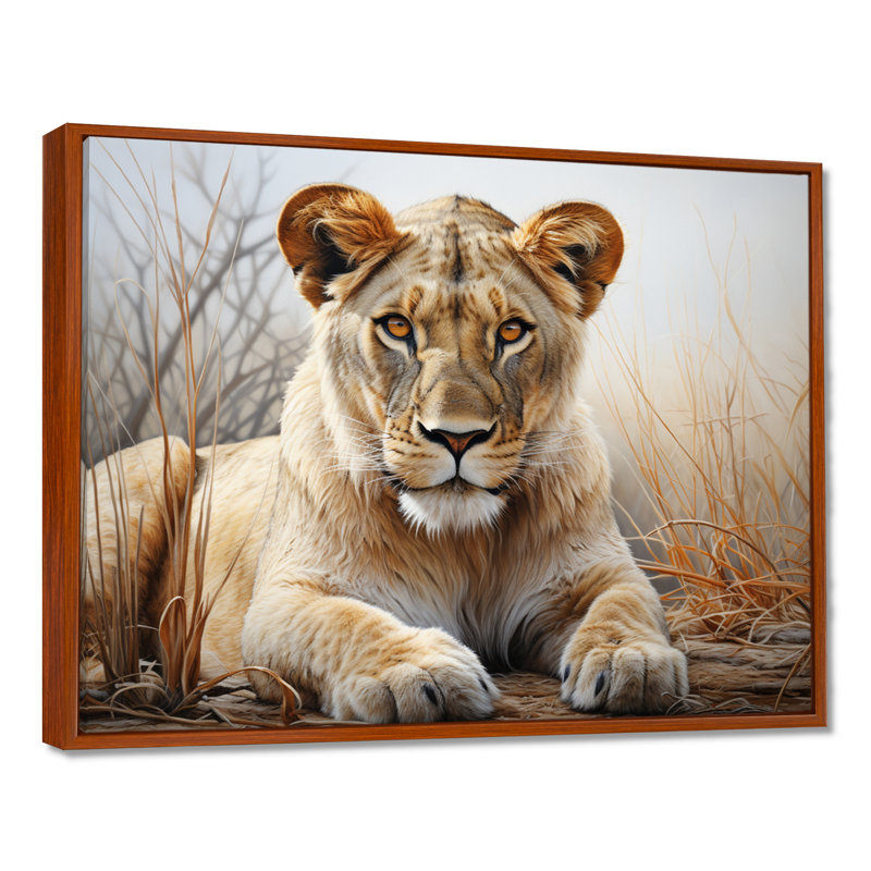 Lionne d'Afrique, puissance I - art mural africain pour le salon, H 30 po x l 40 po x P 1,5 po, Cadre flottant brun