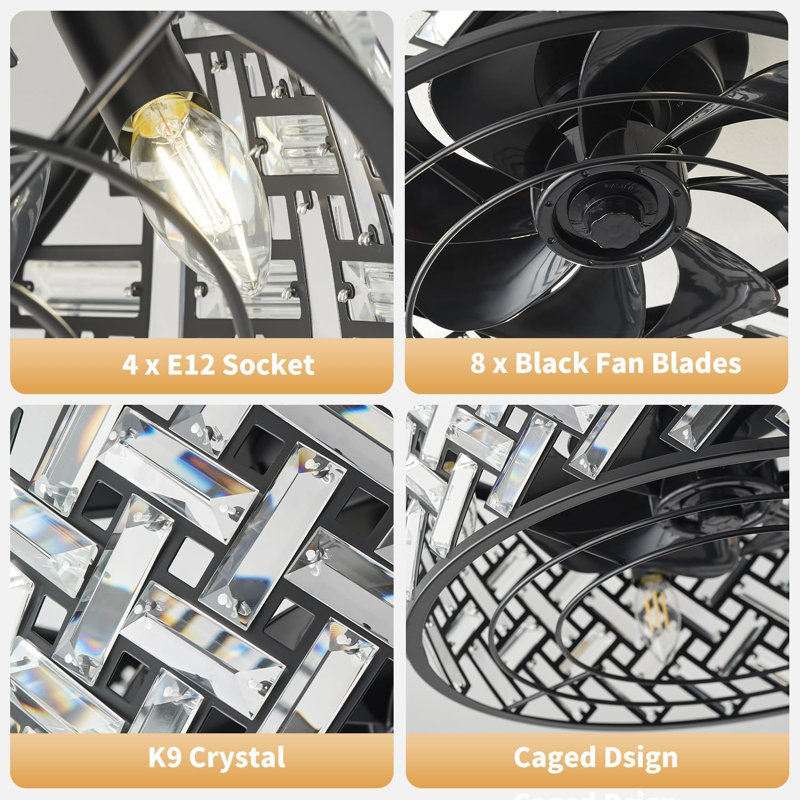 Cage Style Ceiling Fan With Light, Black