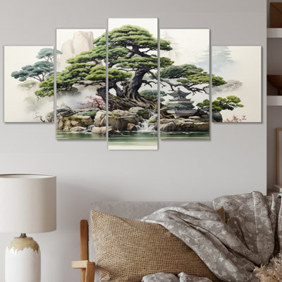 Bonsaï vert méditatif japonais II - Japon, art mural - 5 panneaux