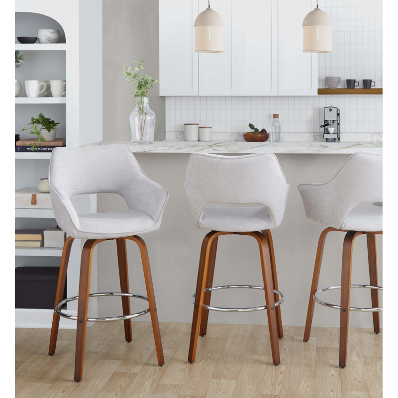Tabouret de bar à hauteur fixe avec pivot en bois et tissu avec repose-pieds en métal chromé - ensemble de 2, Gris