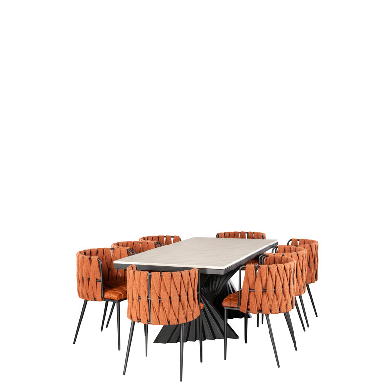 Waterfall Modern Rectangular Marble Dining Table Set with Sculptural Base and 8 Woven Chairs – 9-Piece Contemporary Dining Room Set
