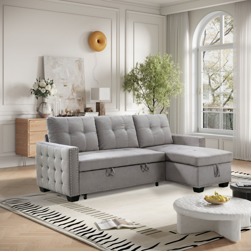 Serita 76.80'' Sleeper, Sofa Bed, L-Shape Sofa with Storage Chaise, Beige Velvet