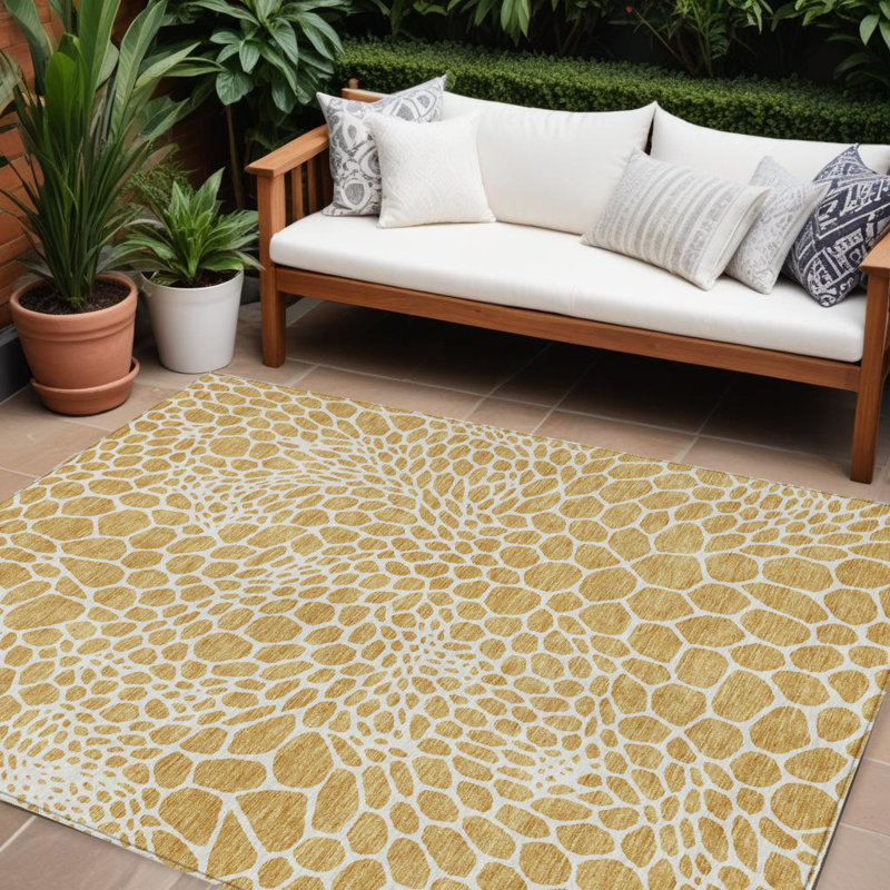 Tapis intérieur / extérieur géométrique lavable doré et ivoire 9 pi x 12 pi
