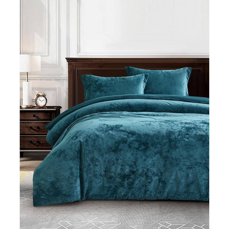 Lux Distressed Velvet Reversible Comforter Set, King Comforter + 2 King Shams, Teal