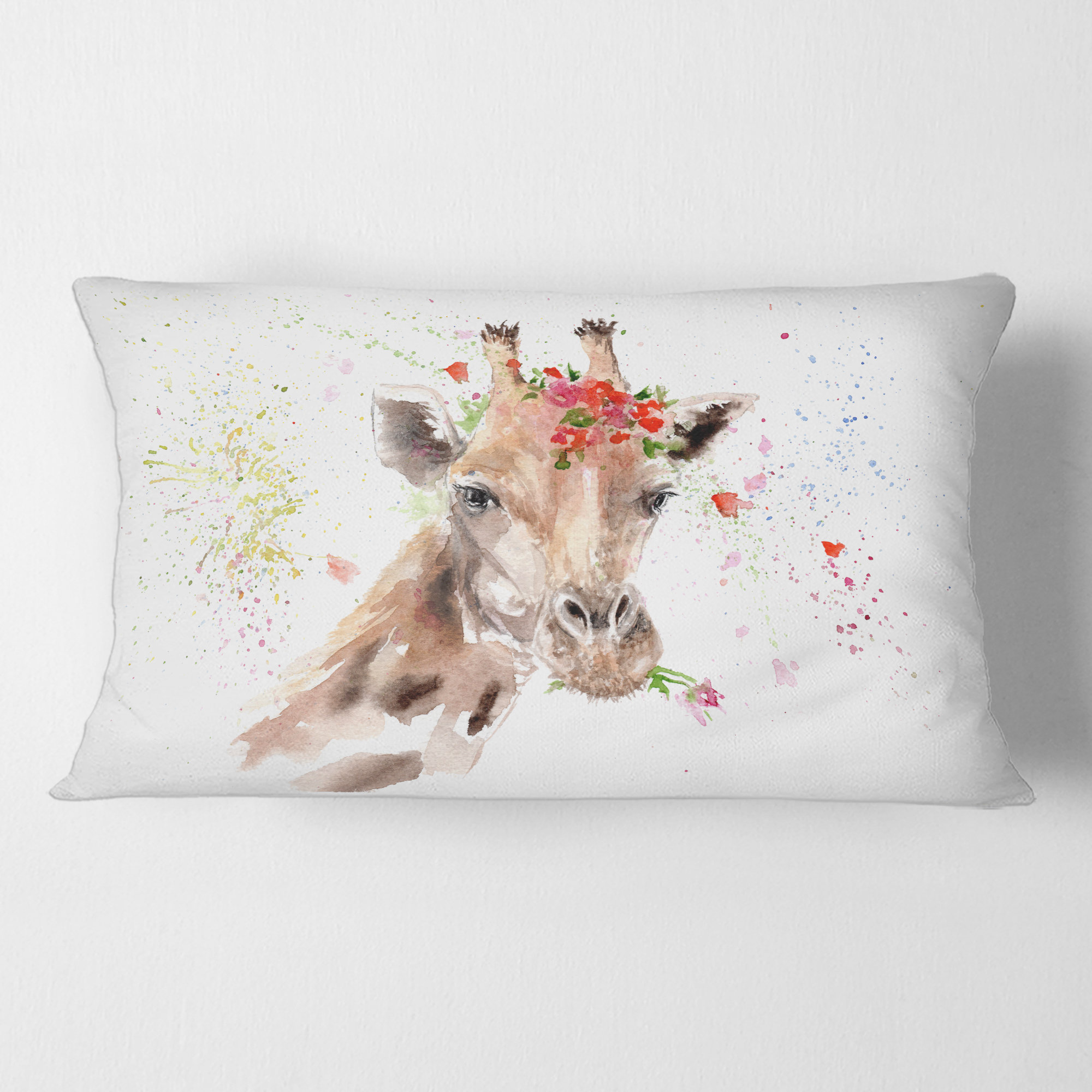 Rectangle Giraffe Design Art Portrait of a Giraffe with Flowers III Rectangular Pillow ...