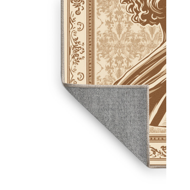 Machine Washable Parnika Ancient Philosopher Bust Classic Damask Rug in Beige – Beige Binding, 7x9