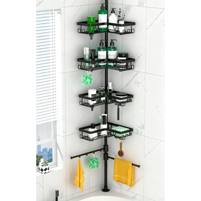 Serviteur de douche avec poteau de tension amélioré avec 4 paniers amovibles et 2 barres à serviettes, organisateur de bain d'angle extensible pour 25 à 114,2 pouces, acier inoxydable noir antirouille