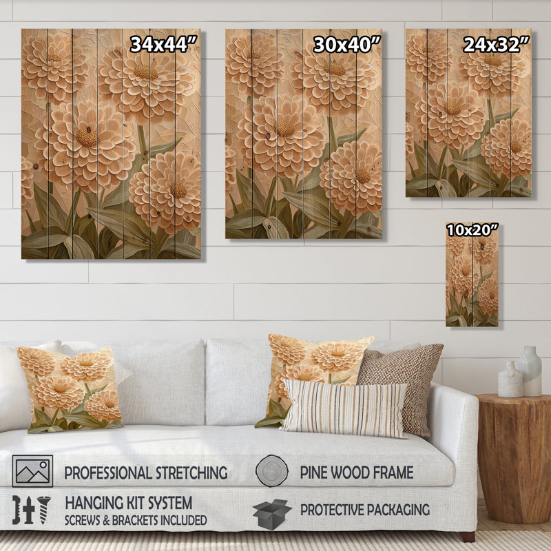 Zinnia Glow In Vintage Bloom - Art mural traditionnel en bois sur bois de pin naturel, H 32 po x l 24 po x P 0,78 po