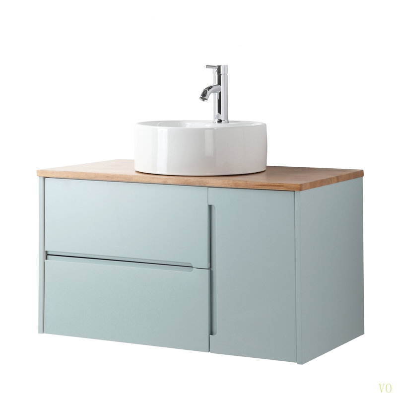 Armoire de meuble-lavabo mural 36 po à deux tiroirs + porte simple et plateau en bois massif, lavabo rond en céramique, design minimaliste moderne, pour salle de bain
