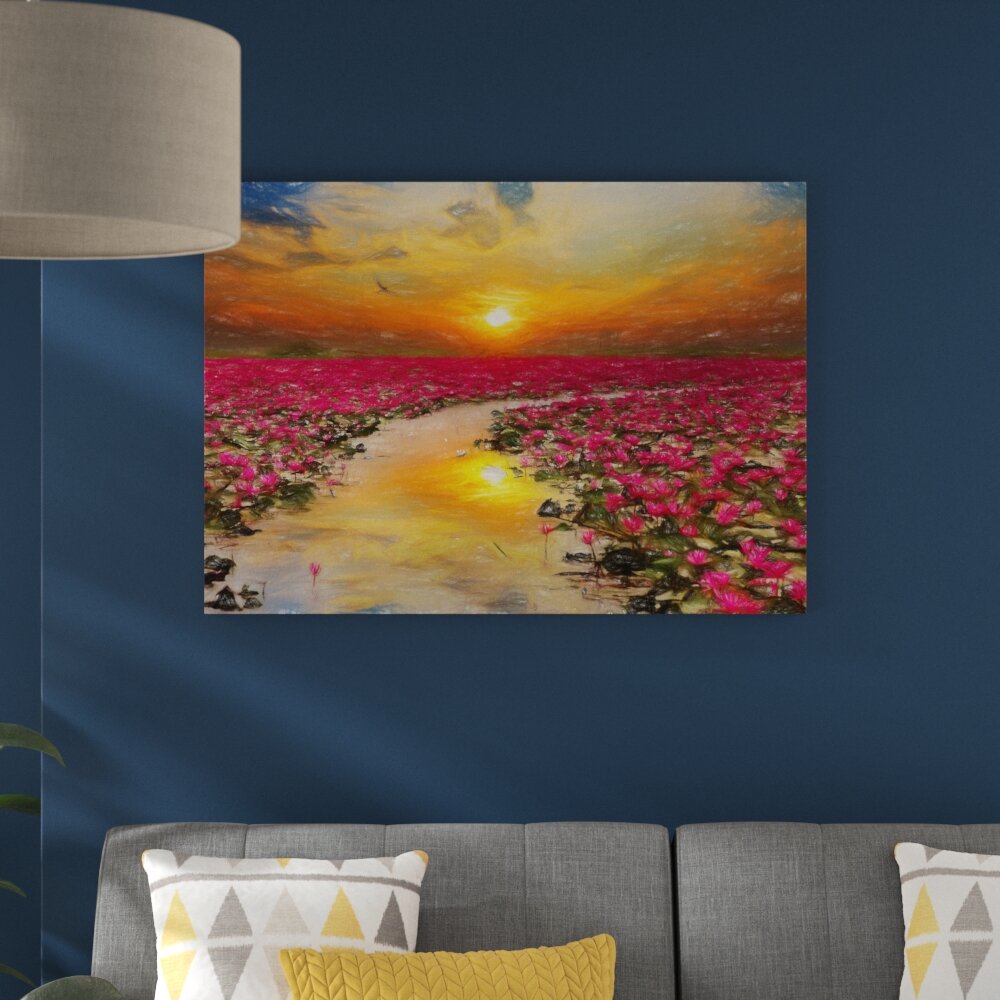 Leinwandbild â€žLotusblÃ¼ten am See im Sonnenuntergangâ€œ, Grafikdruck