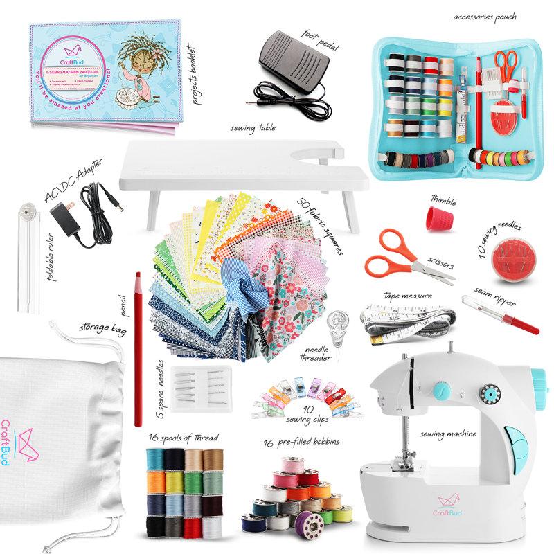 Compact White and Blue Portable Sewing Machine for Kids and Beginners