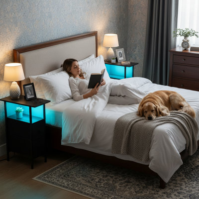 LED Narrow Side Tables Set of 2, Slim End Table with Fabric Drawer and Charging Station