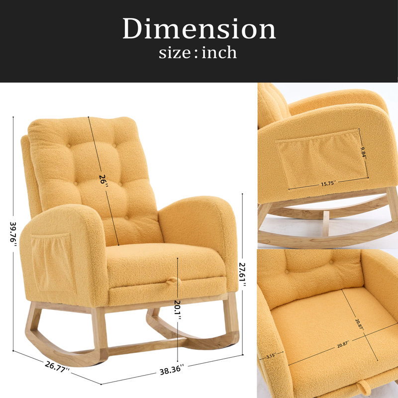 Chaise berçante décorative avec repose-pieds à haut dossier en bois d'hévéa, Jaune