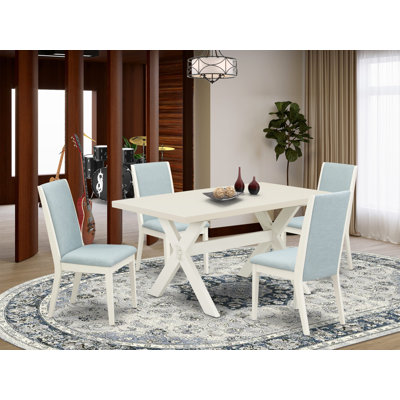 5 Piece Modern Dining Table Set Includes a Rectangular Wooden Table with X-Legs and 4 Baby Blue Linen Fabric Parsons Dining Chairs, Multi-Color