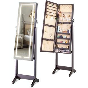 LED Light Jewelry Cabinet Standing Full Screen Mirror Makeup Lockable Armoire