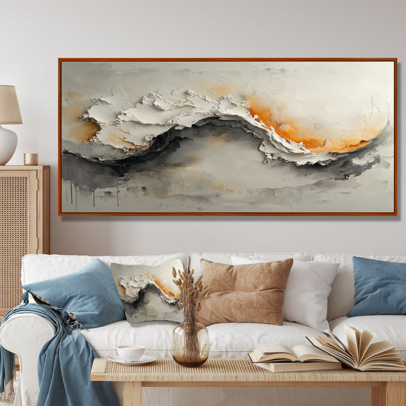 Gris et blanc, vagues océaniques en spirale II - art mural abstrait spirale moderne, Brun, H 28 po x l 60 po
