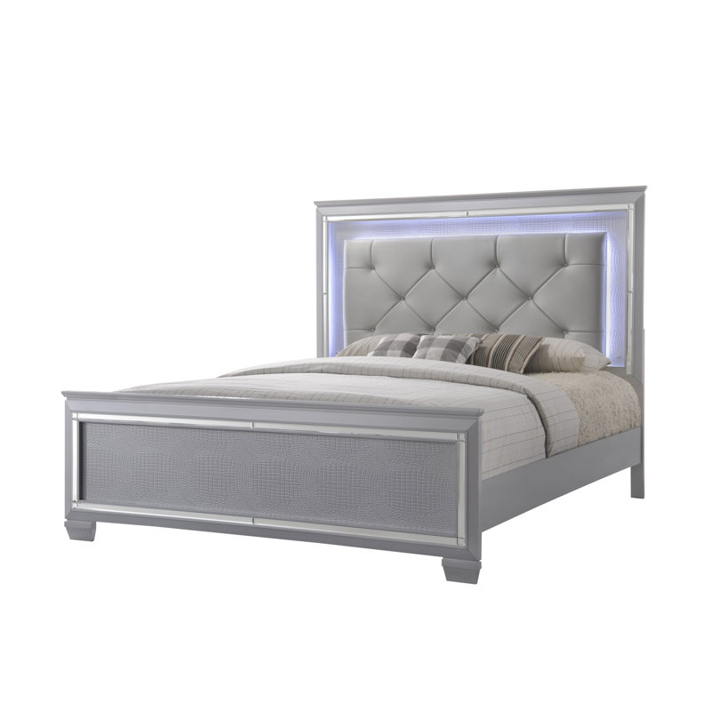 Modern LED Faux Leather Upholstery Panel Bed, Queen
