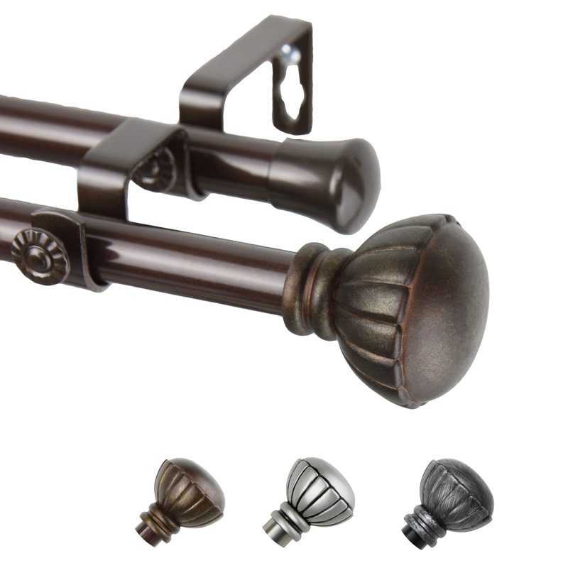 Halima Steel Rod/Resin Finials Adjustable 0.81'' Double Curtain Rod, 120" - 170" W, Cocoa