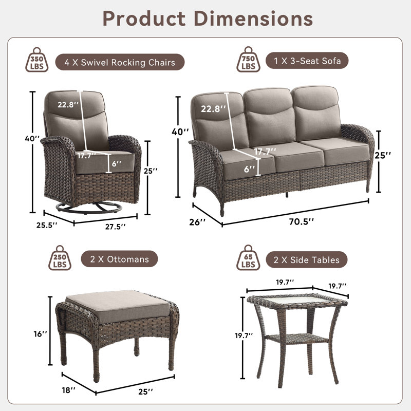 9 PCS Patio Furniture Set Outdoor Sectional Sofa Couch With Rocking Swivel Chairs 6" Deep Seat Chairs, Modern Wicker Rattan Conversation Set