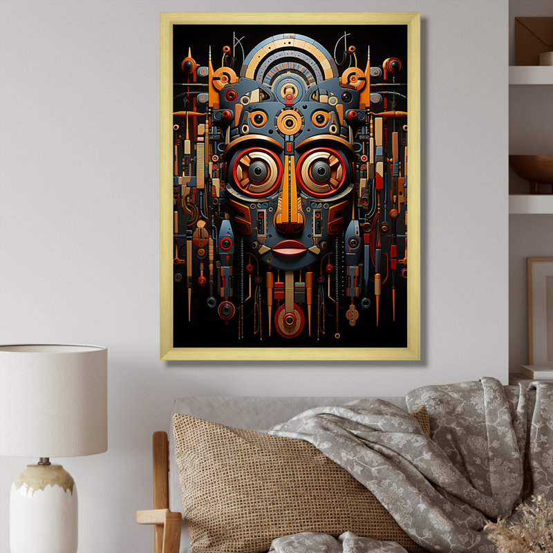 «Yellow Ancestral Masks I» - art mural masque africain, H 44 po x l 34 po x P 1,5 po, Cadre doré simple