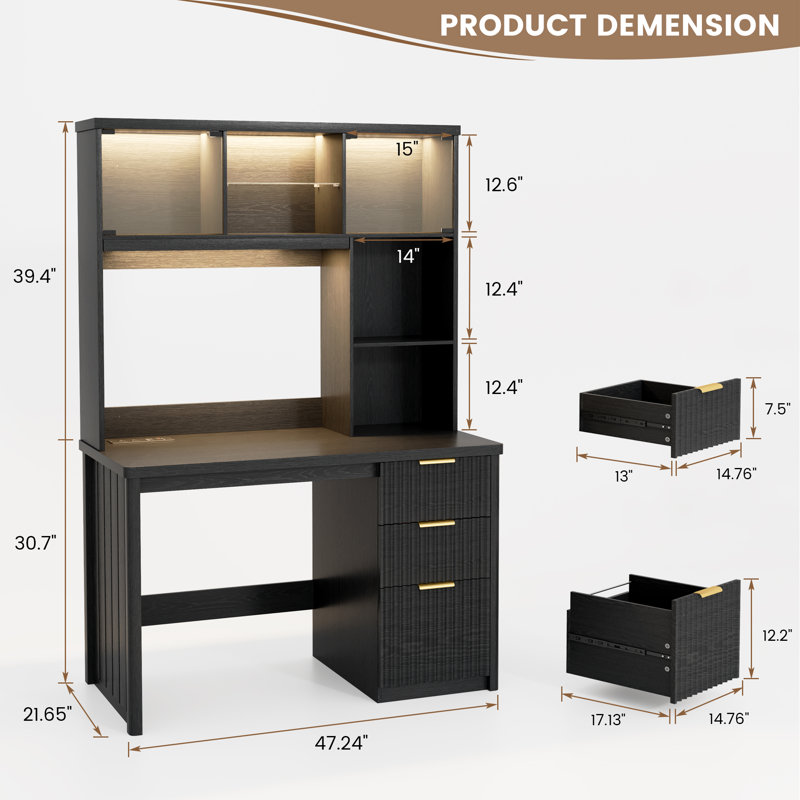 47.2" Home Office Desk With File Drawer, Led Lighting And Smart Sensor, Computer Desk With Hutch And 3 Drawers, Black