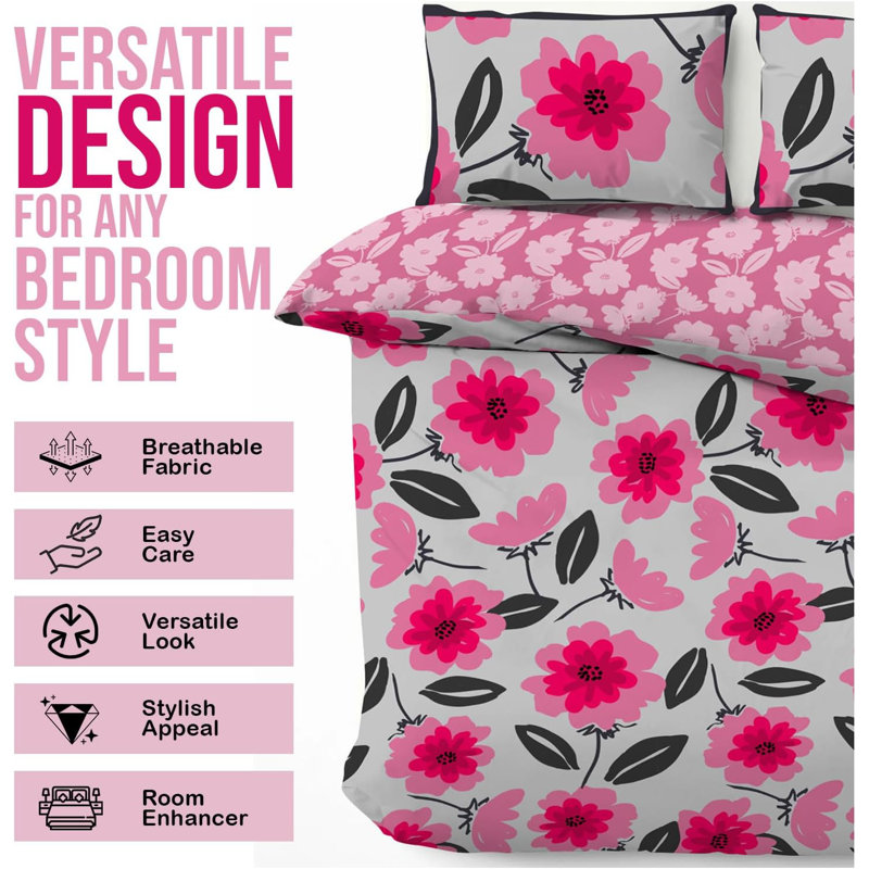 Blossom Pattern Soft Touch Duvet Cover Set with Matching Pillowcases - Polycotton Fabric Bedding - Single Double King UK
