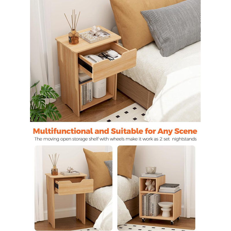 Nightstand With Drawers Wooden Bedside Table With Rolling Open Storage Shelf Lockable Wheels Vintage Nightstands Side Accent Small End Table