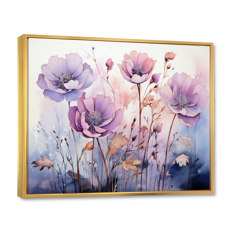Mauve, fleurs mystiques II - art botanique abstrait, Cadre flottant doré, H 12 po x l 20 po x P 1 po