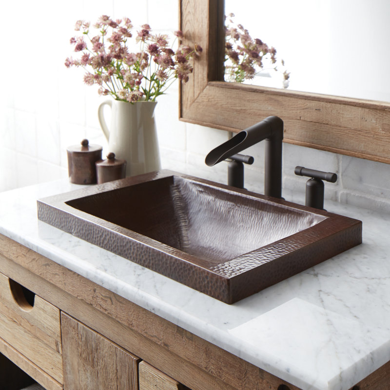 Hana Antique Copper Metal Rectangular Drop-in Bathroom Sink, Polished Copper