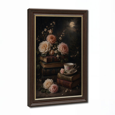 Art mural sur toile, roses roses et tasse de thé sur pile de livres avec lune