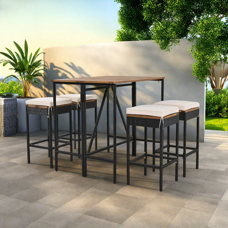 5-piece Outdoor Dining Table Sets Included 1 Foldable Table And Four Stools With Cushions