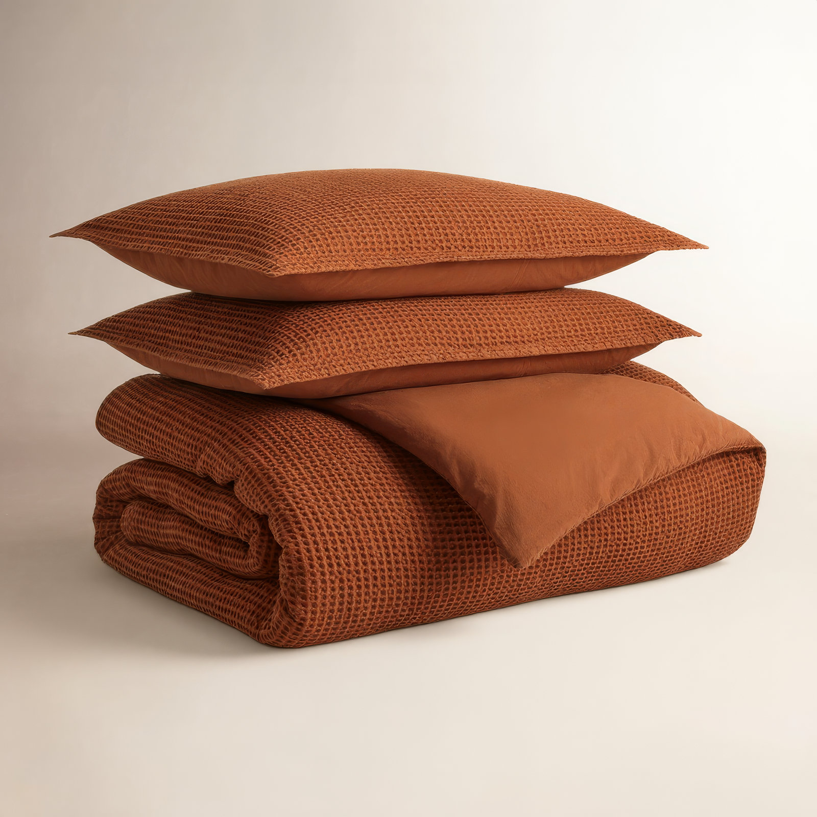 Cascade Cotton Waffle Duvet Cover Set, Queen Duvet Cover + 2 Queen Shams, Tomato