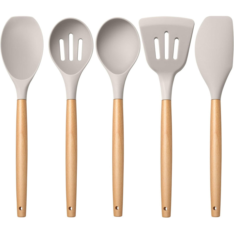 Ensemble d'ustensiles de cuisine en silicone 5 pièces avec poignée en bois, ustensiles de cuisine antiadhésifs pour une cuisson sûre et efficace, résistant à la chaleur et non toxique