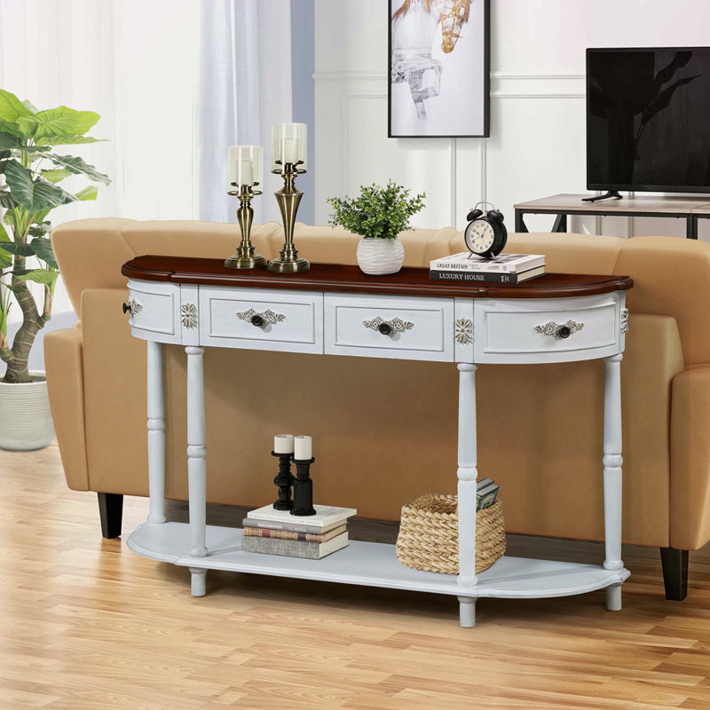 Retro Curved Wood Console Table, 52 Inch Circular Half Moon Sofa Table With Open Shelf And 2 Drawers, Solid Wood Entry Table For Living Room, Hallway
